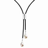 White Cultured Pearl Leather Lariat Necklace w. Silver Crystal Bar Slider