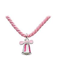 Childrens Jewelry - Silver Pink Bow Bell Pink Cord Necklace (12 or 14 in)