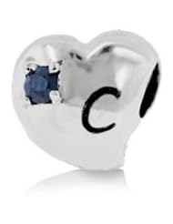 Sterling Silver Alphabet C Pandora Style Charm Bead with 2 pieces 3mm Dark Blue Natural Sapphire Gemstones on Both Sides , Fits Pandora , Chamilia, Jovana Bracelet