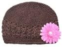 Posies Accessories Crocheted Brown Beanie with Hot Pink Gerber
