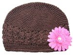 Posies Accessories Crocheted Girls Brown Beanie with Hot Pink Gerber