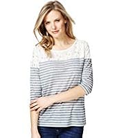 Lace Yoke Striped Top with Linen