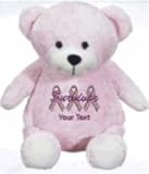 Stuffed 14" teddy bear with personalized custom embroidered Breast Cancer Survivor pink support ribbons