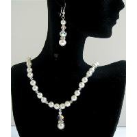 Brd594 White Pearls Genuine Swarovski Ab Crystals Bridal Jewelry Handcrafted Pearls & Crystals Necklace Set with Gift Box