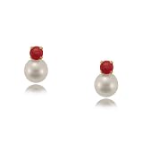 Yellow Gold Stud Earrings With White Pearl & Ruby Gems