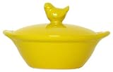 Stoneware Pottery Yellow Bowl with Chick Top Cover 6"D, 3.5"H Set of 2