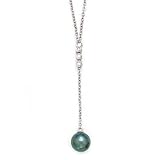 14k White Gold, Diamond & Tahitian Black Pearl Necklace- 16" (0.055ctw)