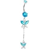 Sterling Silver 925 Aqua Cubic Zirconia Dual Butterfly Drop Belly Ring