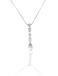 Alexander James White Gold Rhodium Bonded to .925 Sterling Silver 16 Inch Necklace with Round and Radiant Cut Clear Cubic Zirconia and a White Pearl Charm in a Bezel Setting and a Lobster Clasp in Silvertone 1.9 Inch L x 10 (mm) W x 3 (mm) H