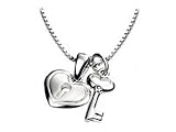 Young Girls Silver Heart Lock And Diamond Key Pendants Necklace (14-16)