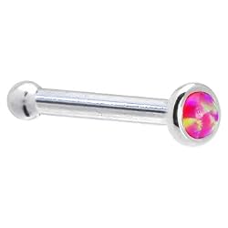 Solid 14KT White Gold 2mm Brilliant Pink Synthetic Opal Nose Bone - 18 Gauge