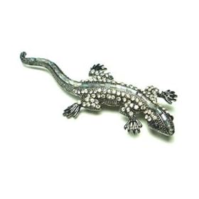 Clear Austrian Rhinestone & Beads Lizard Gecko Silver-Tone Brooch Pin