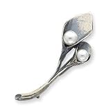 Sterling Silver Antiqued Two Leaves With Cultured Pearl Pin