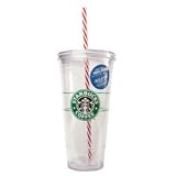 Starbucks Holiday 20 Ounce Clear Insulated To Go Cup Tumbler Red Stripe Straw