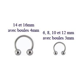 Micro fer � cheval acier - boules - T�ton/Arcade/Cartilage/Septum/G�nital/Lobe/Sourcil- Acier Chirurgical 316L, 1.2mm x 10mm x 3mm