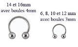 Micro fer � cheval acier - boules - T�ton/Arcade/Cartilage/Septum/G�nital/Lobe/Sourcil- Acier Chirurgical 316L, 1.2mm x 10mm x 3mm
