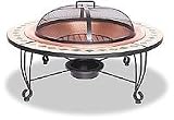 Decorative ceramic tile outdoor fireplace with copper bowl