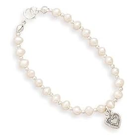 Childs Pearl and Sterling Silver Oxidized Heart Bracelet