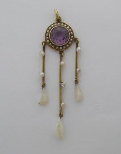 Victorian 14K Yellow Gold Amethist Seed Pearl Pendant