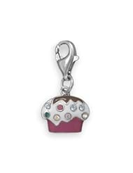Sterling Silver Rhodium Plated Enamel Cupcake Charm with Lobster Clasp Closure