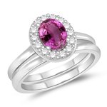 0.21 Cts Diamond & 0.91 Cts Pink Sapphire Engagement & Wedding Ring Set in 14K White Gold