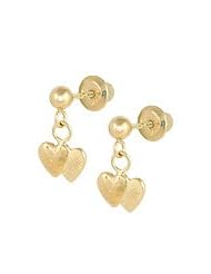 14K Gold Dangling Double Hearts Screw Back Childrens Earrings