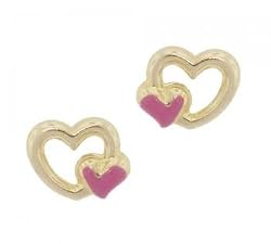 Double Heart Earrings in Yellow Gold w/ Red Enamel Accents