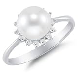 7mm Cultured Pearl and Diamond Crown Ring, 14K White Gold