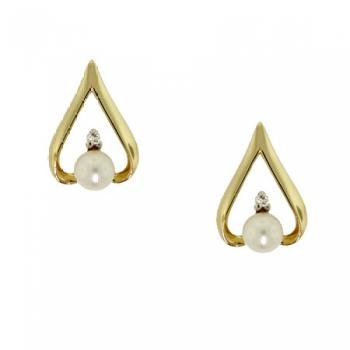New 14KT Yellow Gold White Pearl Diamond Earrings Studs