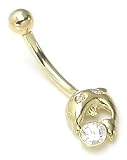 14g 7/16" 14kt Yellow 14g 7/16" 14kt Yellow Gold Dolphin Navel Belly Button Ring with 3 Gems