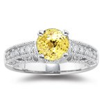 0.57 Ct Diamond & 1.60 Cts Yellow Sapphire Filigree Ring in 14K White Gold