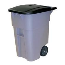 Rubbermaid Commercial Brute HDPE 50-Gallon Rollout Trash Can with Lid, Rectangular, 23.38" Width x 28.5" Depth x 36.5" Height, Gray