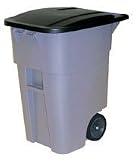 Rubbermaid Commercial Brute HDPE 50-Gallon Rollout Trash Can with Lid, Rectangular, 23.38" Width x 28.5" Depth x 36.5" Height, Gray