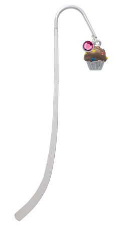 3 D Chocolate Cupcake with Sprinkles Silver Plated Charm Bookmark with Pink Swarovski Drop