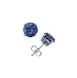 .925 Silver Lab Created Blue Sapphire Gemstone Four Prong Stud Earrings - Round Shape 4 mm