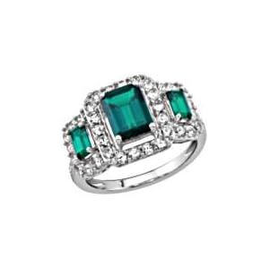 Buy Sterling Silver Emerald Cut Lab-Created Emerald Ring with Lab-Created White Sapphire and Diamond...