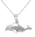 Sterling Silver Smiling Dolphin Pendant Necklace on 18 Inch Snake Chain