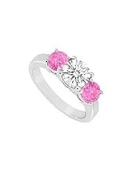 Three Stone Pink Sapphire and Diamond Ring : 14K White Gold - 1.50 CT TGW