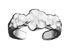 Sterling Silver Hawaiian Three Plumeria Flowers Cubic Zirconia Adjustable Toe Ring