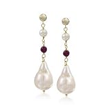 5-13mm Cultured Baroque Pearl, Ruby Bead Dangle Earrings In Gold