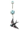 Stainless Steel Belly Ring with Aqua and Pink Crystals - Dangling Bird