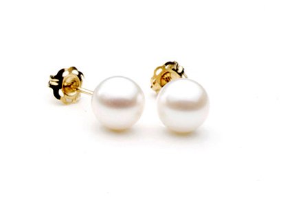 AAA Quality Round 6 6.5mm Akoya SaltWater cultured White Pearl Earrings with 14K Yellow Gold Mount