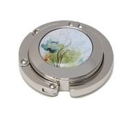 Foldable White Blue Floral Purse Hanger with Compact Mirror