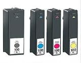 4 xl high capacity 100xl / 108xl compatible ink cartridges (1 full set) fits lexmark printers prospect pro 205, S208, Impact S305, S308, Interpret S405, S408, Intuition S505, S508, Interact S605, S608, Prevail Pro 705, Prestige Pro 805, Platinum pro 905, pinacle pro 901, high capacity xl cartridges, black 20.8ml, cyan 9.8ml, magenta 9.8ml, yellow 9.8ml