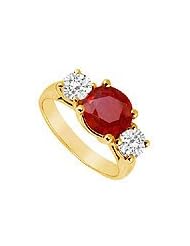 Three Stone Ruby and Diamond Ring : 14K Yellow Gold - 3.00 CT TGW
