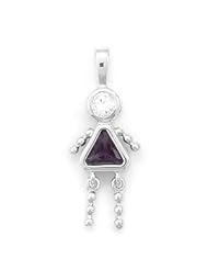 February Birthstone Girl Pendant. Rhodium Plated Purple CZ.