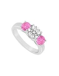 Three Stone Pink Sapphire and Diamond Ring : 14K White Gold - 1.25 CT TGW