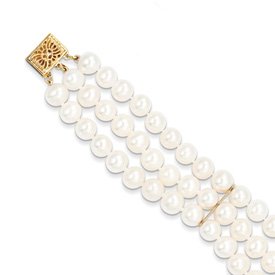 Genuine IceCarats Designer Jewelry Gift 14K 6-6.5Mm 3 Strand Cultured Pearl Bracelet In 7.50 Inch