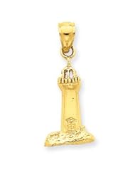 Polished & Solid 14K Casted Yellow Gold Lighthouse Pendant