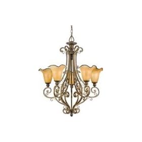 Quoizel FS5005ML Flourish 32-Inch One Tier Chandelier With 5 Uplights with Amber Art Glass with Black Edging, Malaga Finish